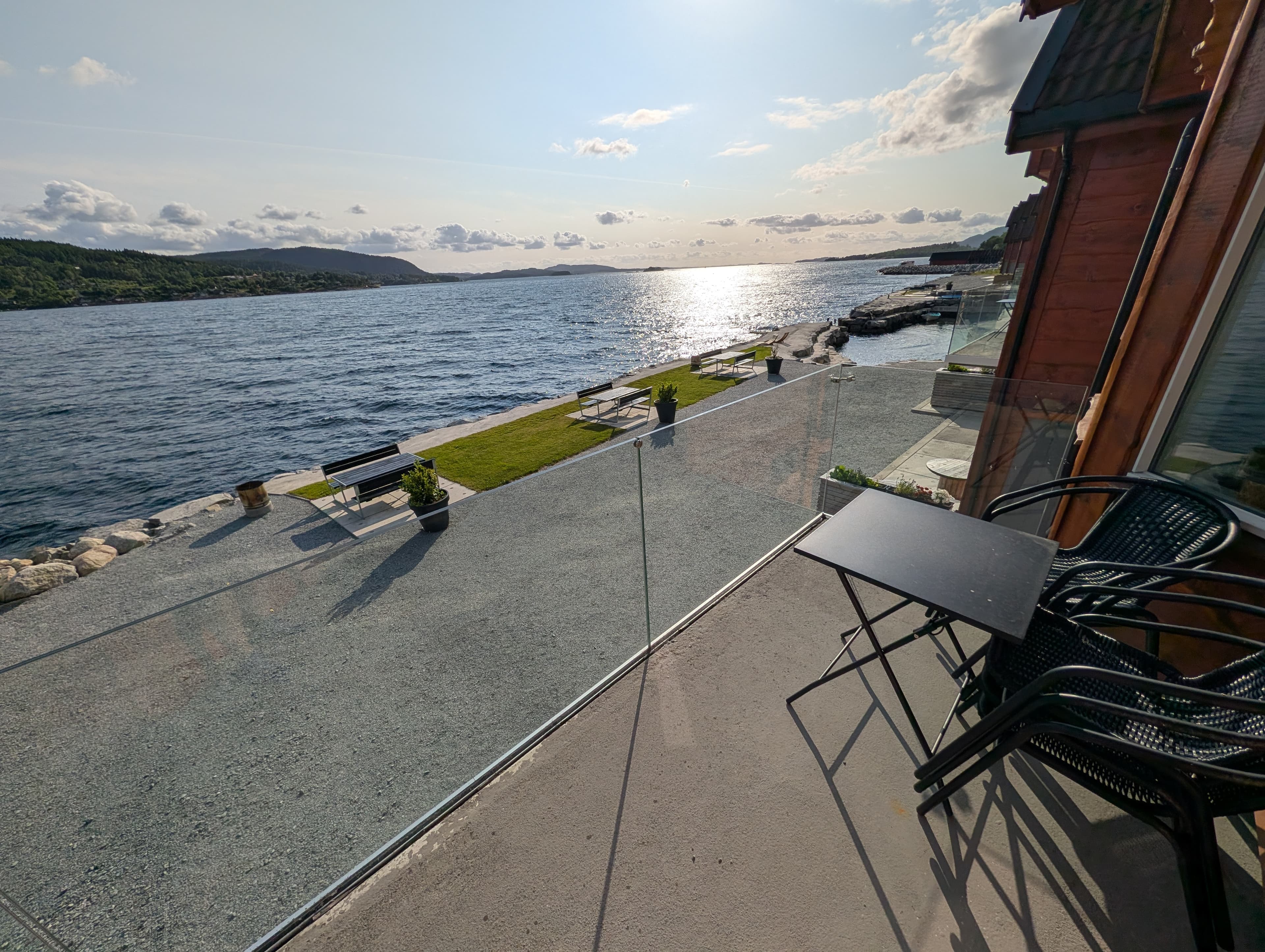 Aerial view of the Preikestolen Panorama apartments lined up along the fjord